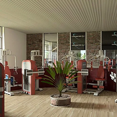 Postazioni tandem rosse in palestra con parete in pietra