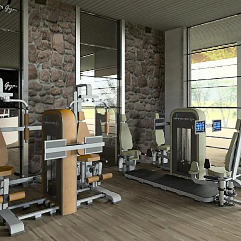 Macchinario tandem con sedute in legno chiaro in ambiente palestra